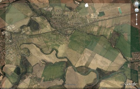 Prekrytie výseku z googleearth v súčasnosti a mapy Čeklísa z 19. storočia